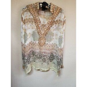 Cosmic Trends Womens Long Sleeves Top Sequin Studs V-Neck Silk Geo Size Large